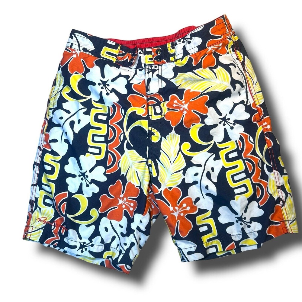 Reyn Spooner S Tiki Swim Trunk Orange Blue Floral Pockets Beach‎ Surf Men Shorts